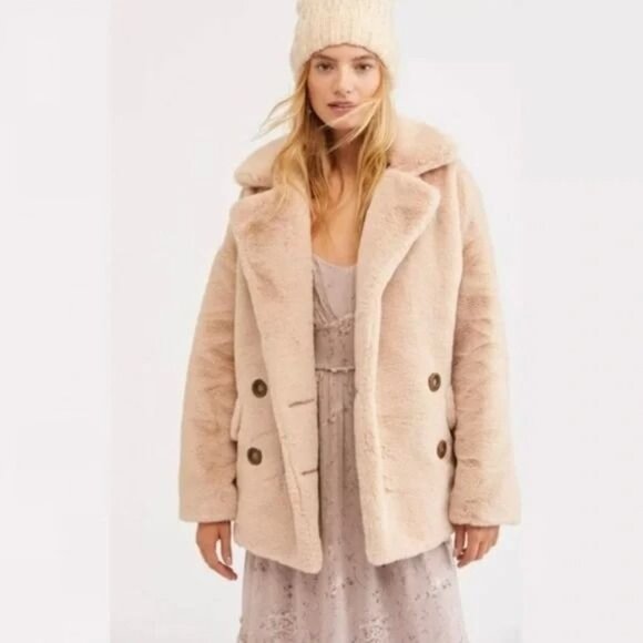 Free People Kate Faux Fur Double Breasted Teddy Coat Apricot Sz XS - Picture 2 of 6